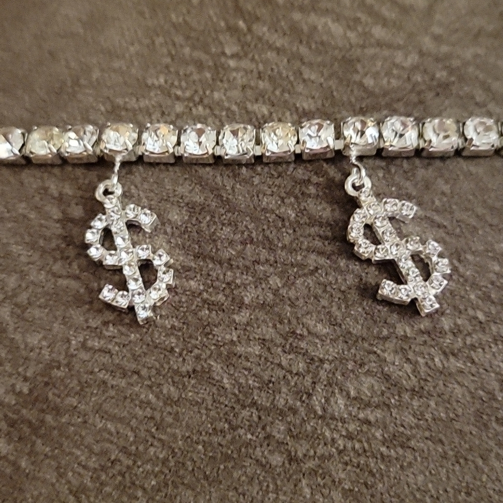 RHINESTONE Bling Dollar Sign Hip Hop Necklace Anklet Set - Picture 3 of 10